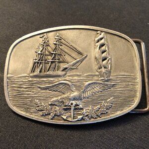 Pewter Belt Buckle - USS Constitution/US Coast Guard Eagle circa 1977